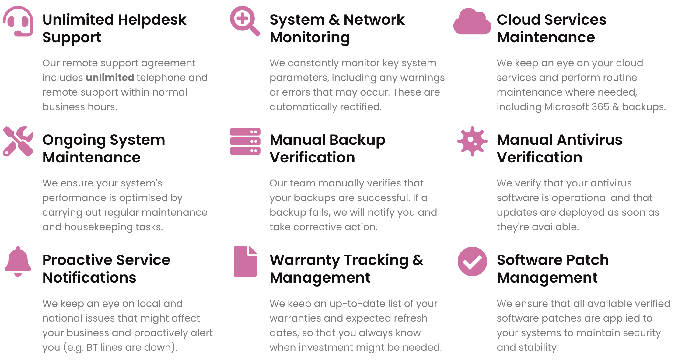 A list of features of Systemagic's business IT support services. Unlimited Helpdesk Support: Our remote support agreements includes unlimited telephone and remote support within normal business hours System and Network Monitoring: We constantly monitor key system parameters, including any warnings or errors that may occur. These are automatically rectified. Cloud Services Maintenance: We keep an eye on your cloud services and perform routine maintenance where needed, including Microsoft 365 and backups. Ongoing System Maintenance: We ensure your system's performance is optimised by carrying out regular maintenance and housekeeping tasks. Manual Backup Verficiation: Our team manually verifies that your backups are successful. If a backup fails, we will notify you and take corrective action. Manual Antivirus Verification: We verify that your antivirus software is operational and that updates are deployed as soon as they're availbale. Proactive Service Notifications: We keep an eye on local and national issues that might affect your business and proactively alert you (e.g. BT lines are down). Warranty Tracking & Management: We keep an up-to-date list of your warranties and expected refresh dates, so that you will always know when investment might be needed. Software Patch Mangement: We ensure that all available verified software patches are applied to your systems to maintain security and stability.