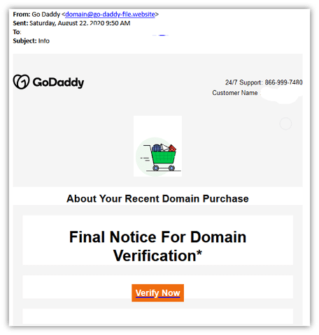 fake email from a scammer pretending to be from GoDaddy encouraging the user to verify their domain name through a button