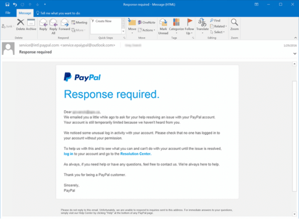 phishing email from someone pretending to be from paypal asking for the user to respond to the email or click a link