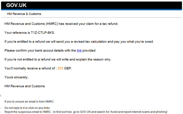 example of a phishing email from someone pretending to be HMRC asking for someone to submit their bank details via a link
