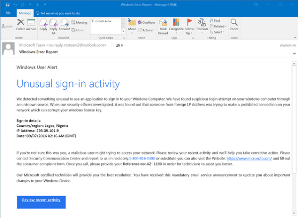 Example of a phishing scam from Microsoft