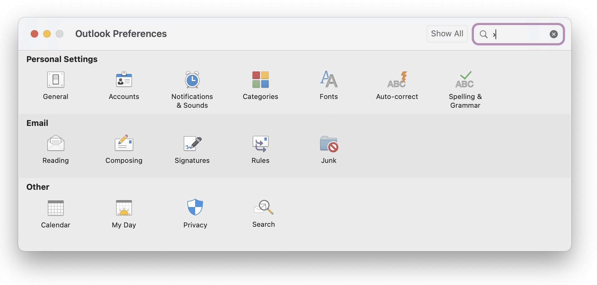 outlook preferences for Mac