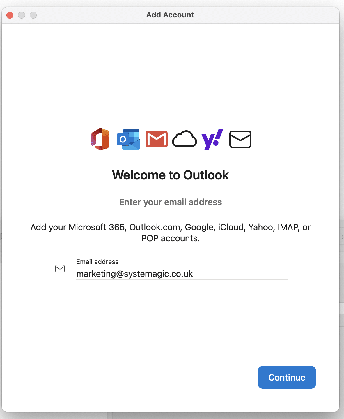 log-in screen for Outlook for Mac