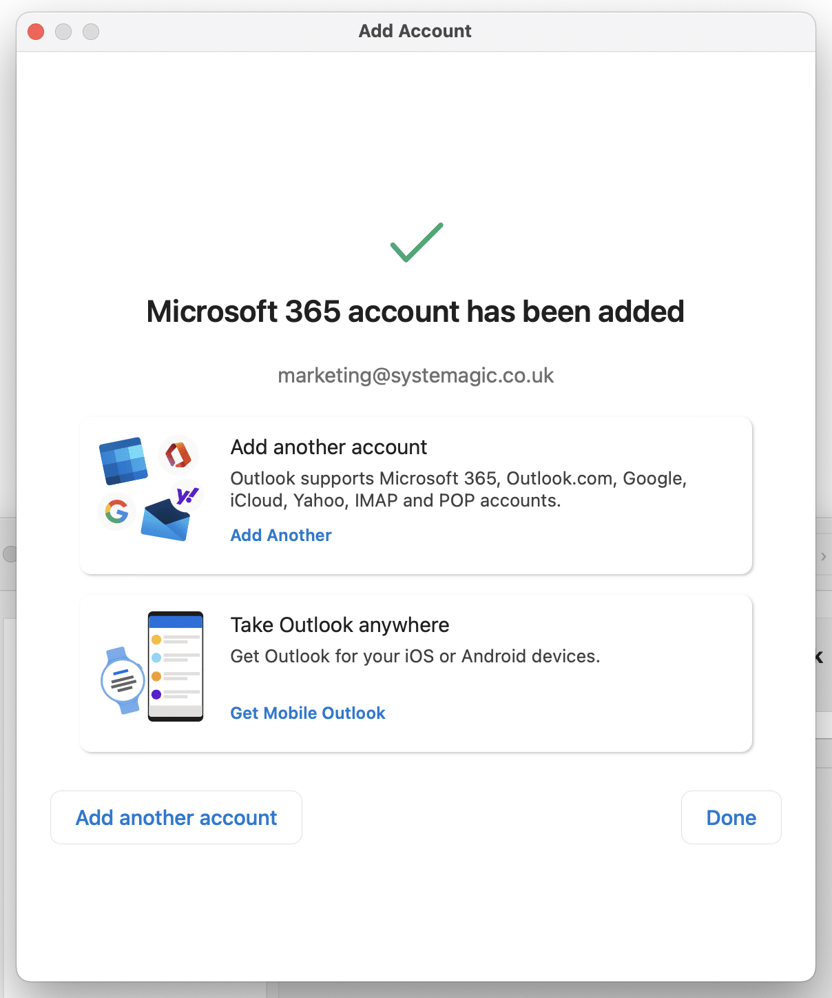 confirmation popup showing additional email address successfully added in Outlook for Mac