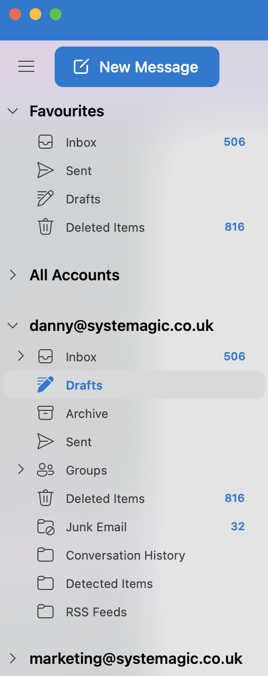 inbox of two mailboxes in Outlook for Mac